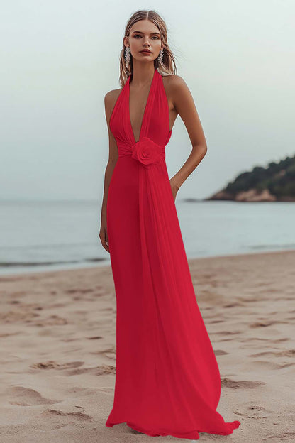 White A Line Deep V-Neck Long Engagement Dress