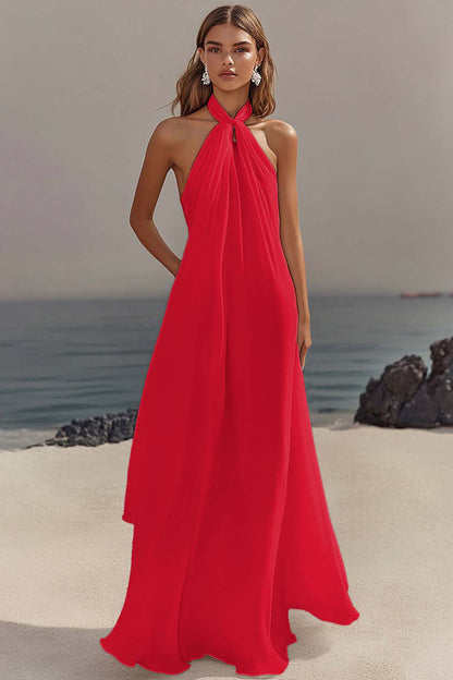 Chiffon White A Line Halter Long Rehearsal Dinner Dress
