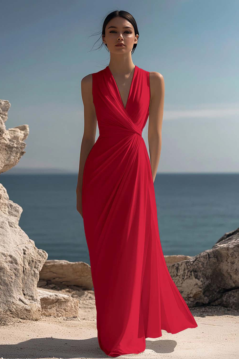 White Chiffon Sheath Ruched Sleeveless Long Rehearsal Dinner Dress