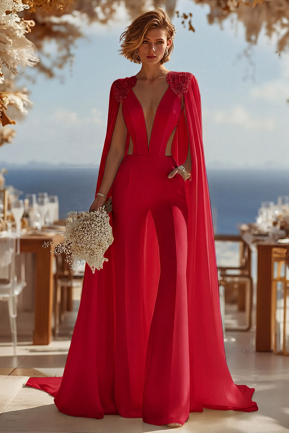 Ivory Deep V-Neck Cut Out Bridal Jumpsuits with Cape