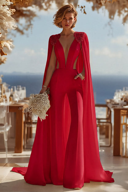 Ivory Deep V-Neck Cut Out Bridal Jumpsuits with Cape