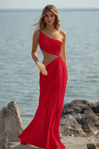 White Chiffon Sheath Cut-Out Long Rehearsal Dinner Dress