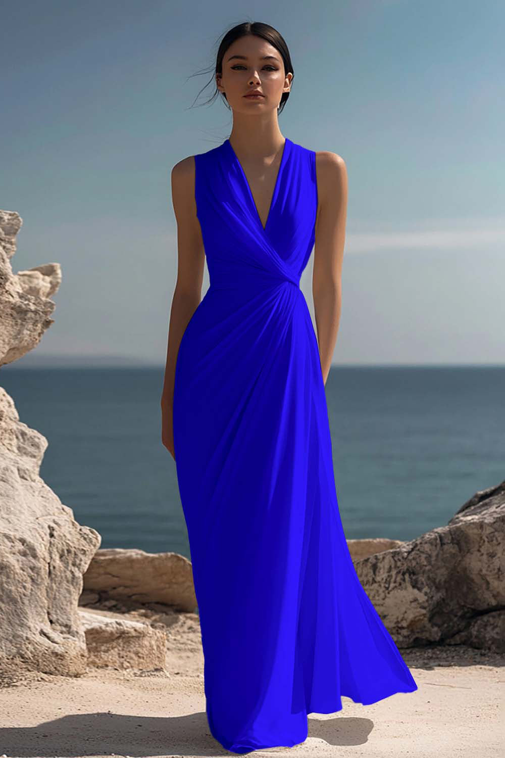 White Chiffon Sheath Ruched Sleeveless Long Rehearsal Dinner Dress