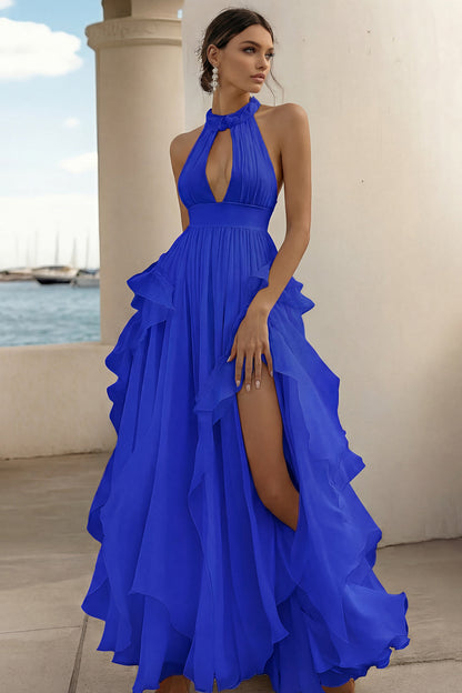 A Line White Ruffled Keyhole Long Rehearsal Dinner Dress with Slit