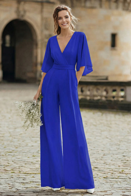 Ivory V-Neck Half Sleeves Long Wedding Jumpsuits with Pockets