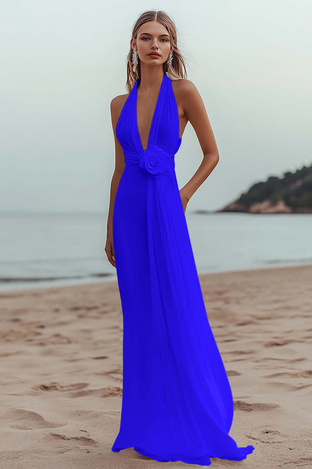White A Line Deep V-Neck Long Engagement Dress