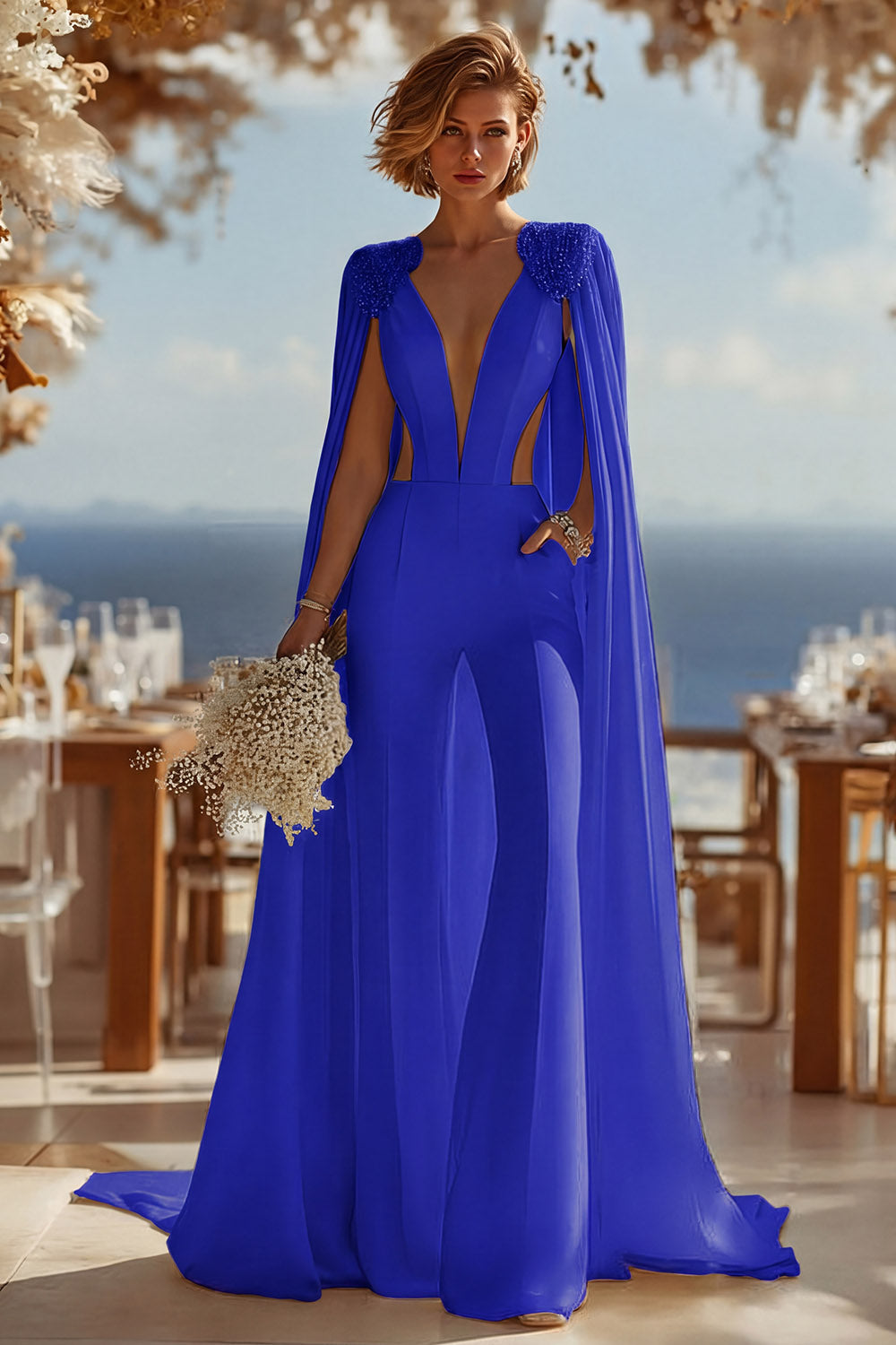 Ivory Deep V-Neck Cut Out Bridal Jumpsuits with Cape
