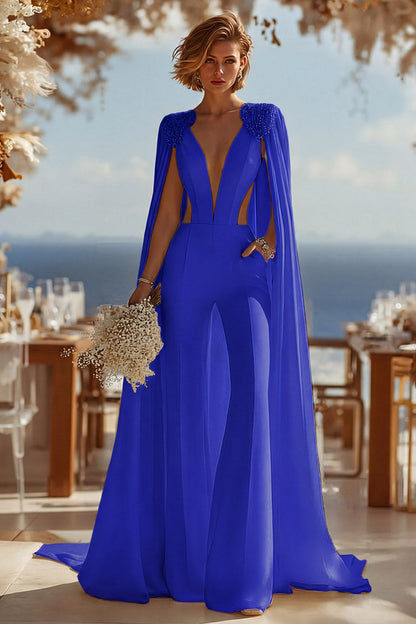 Ivory Deep V-Neck Cut Out Bridal Jumpsuits with Cape