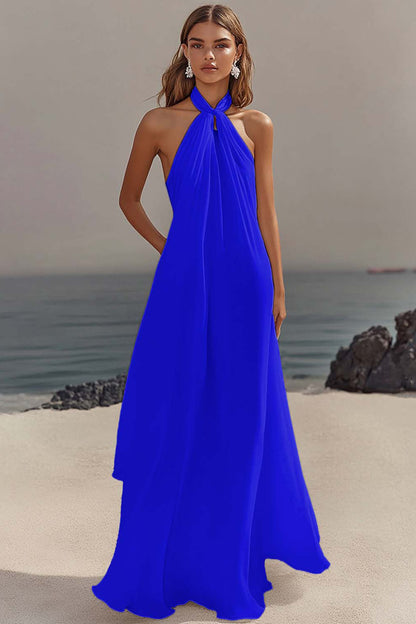 Chiffon White A Line Halter Long Rehearsal Dinner Dress