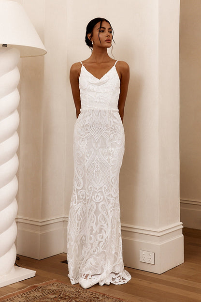 Cezanne Sequin Cowl Neck Maxi Dress White