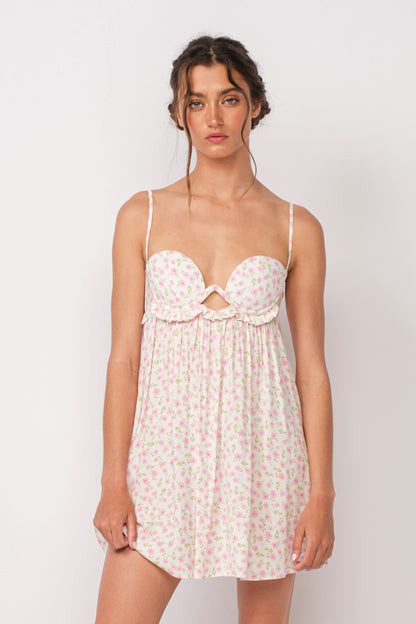 Drew White and Pink Floral Babydoll Cami Mini Dress