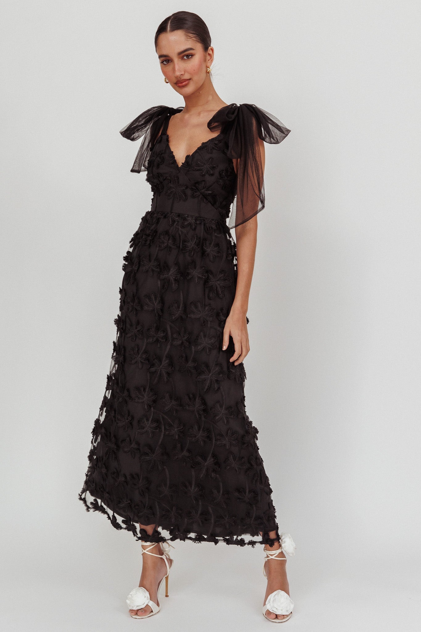 Mykonos Morning Tied Shoulder Tree Maxi Dress Black