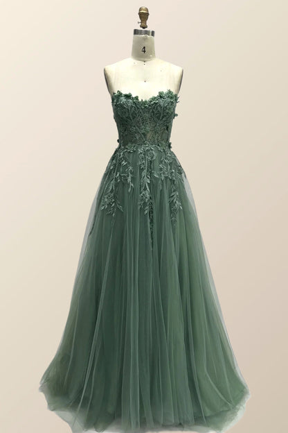 Green Floral Embroidery Strapless A-line Formal Dress
