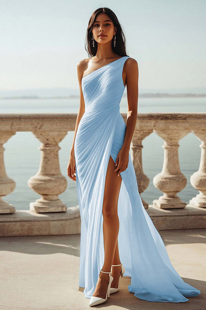 Ivory Ruched One Shoulder Beach Maxi Rehearsal Dinner Dress with Slit