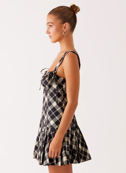 Tuni Cotton Mini Dress - Taupe Check