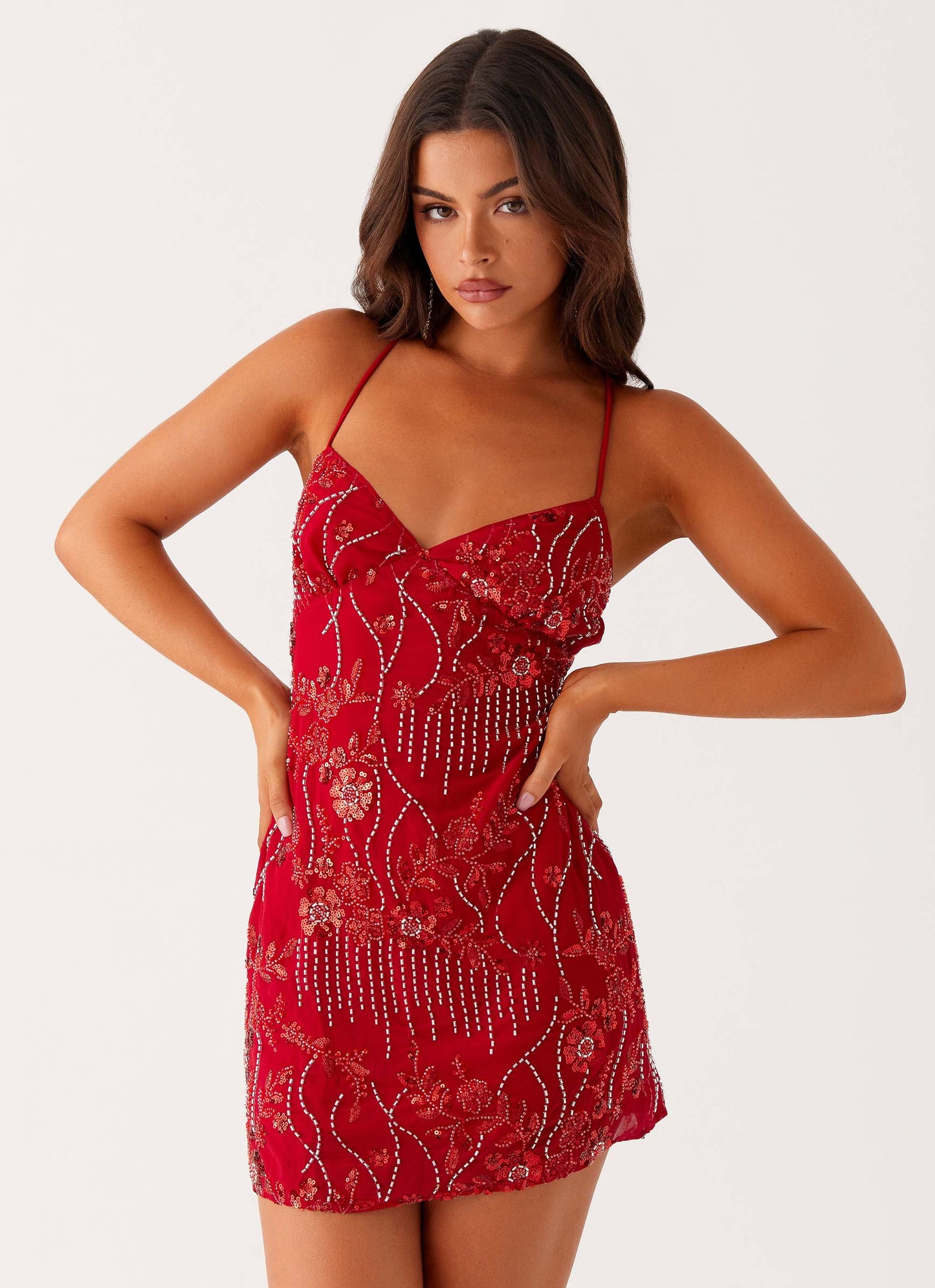 Vietta Sequin Cami Micro Mini Dress - Red