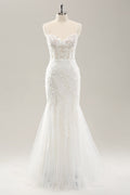White Mermaid Spaghetti Straps Applique Lace Corset Wedding Dress with Lace-up Back