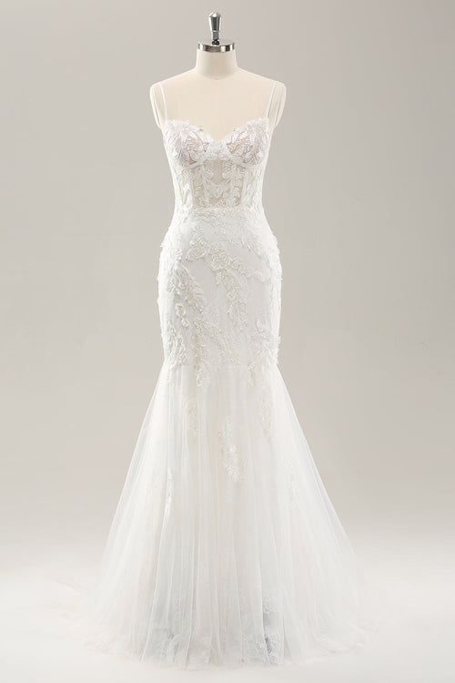 White Mermaid Spaghetti Straps Applique Lace Corset Wedding Dress with Lace-up Back