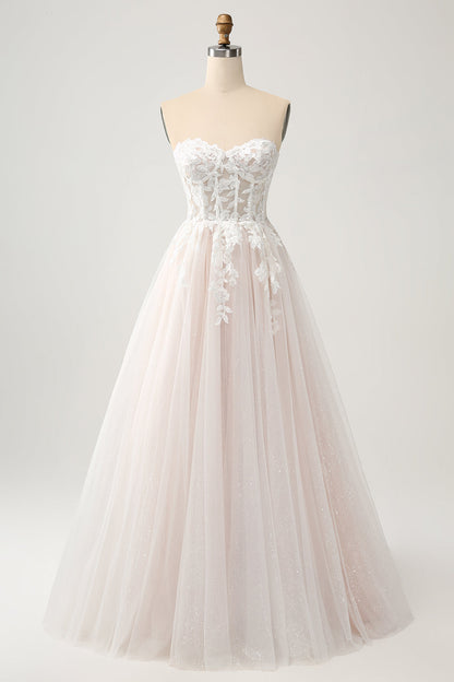 White A Line Strapless Sparkly Wedding Dress with Applique Lace