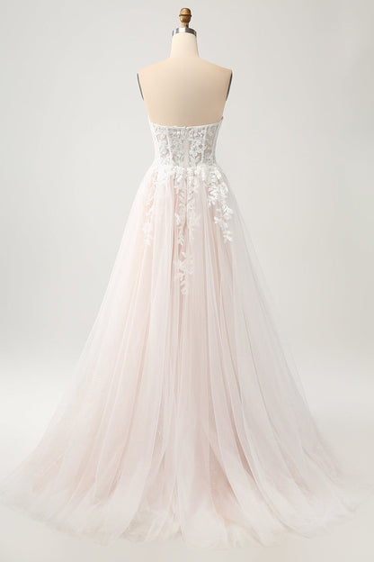 White A Line Strapless Sparkly Wedding Dress with Applique Lace