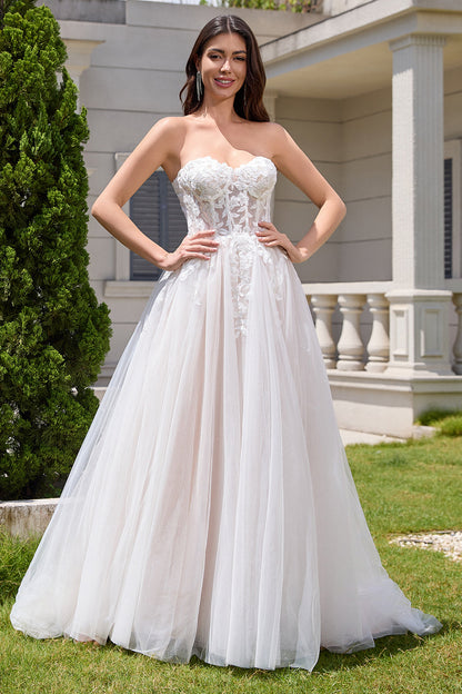 White A Line Strapless Sparkly Wedding Dress with Applique Lace