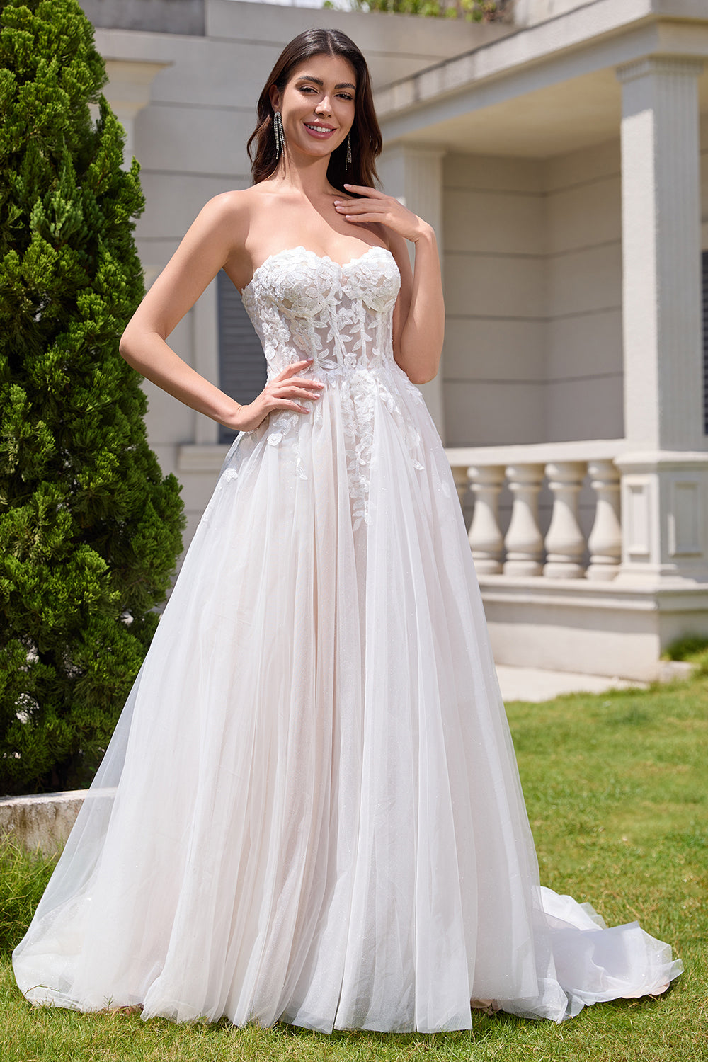 White A Line Strapless Sparkly Wedding Dress with Applique Lace