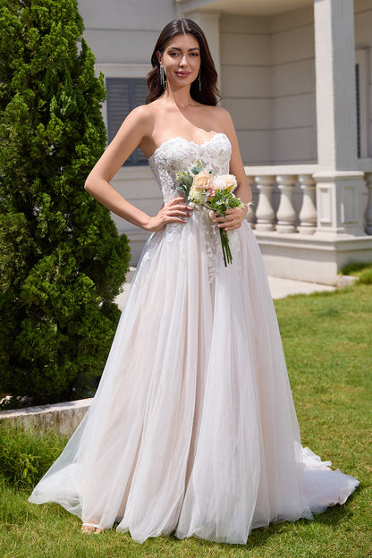 White A Line Strapless Sparkly Wedding Dress with Applique Lace