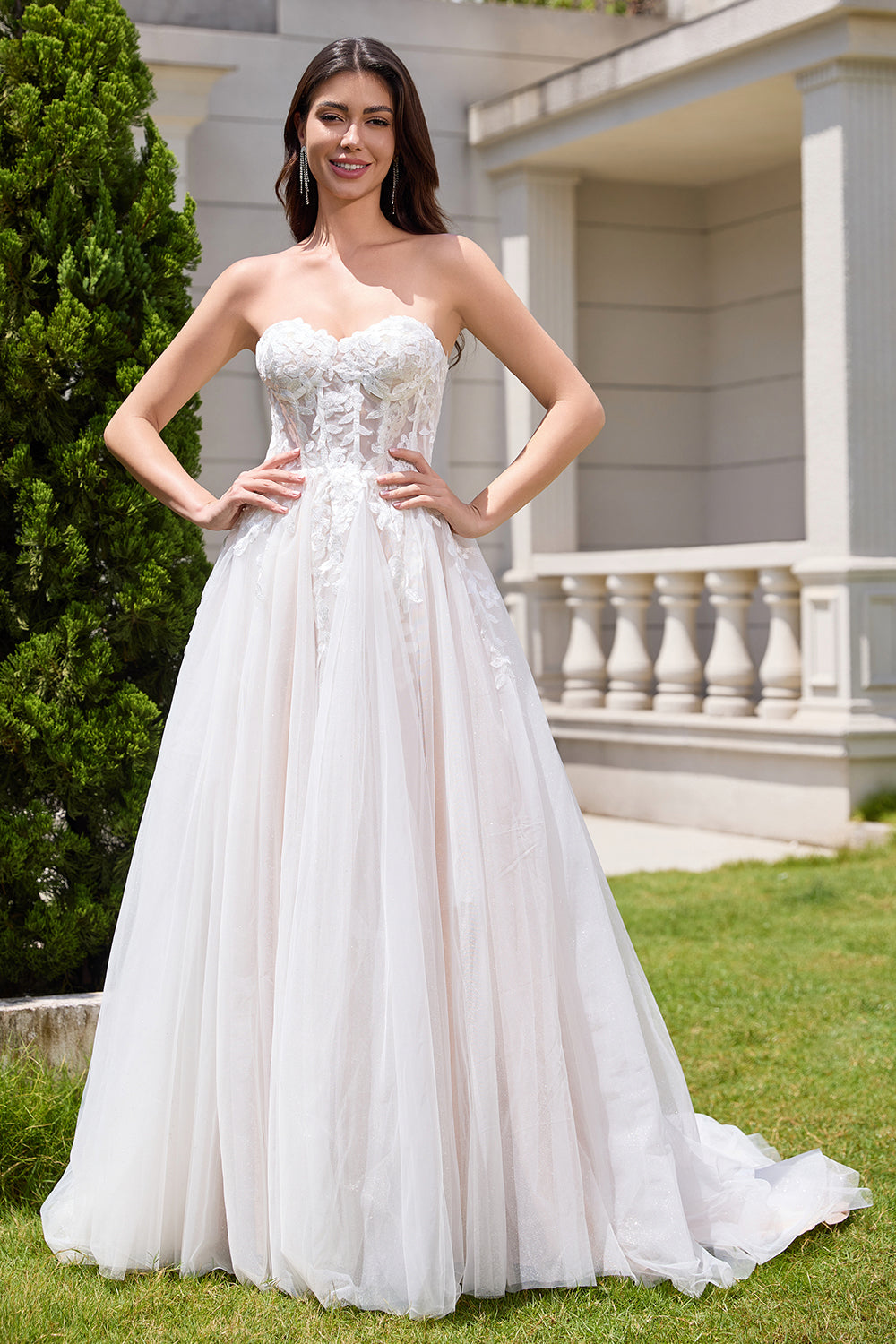 White A Line Strapless Sparkly Wedding Dress with Applique Lace