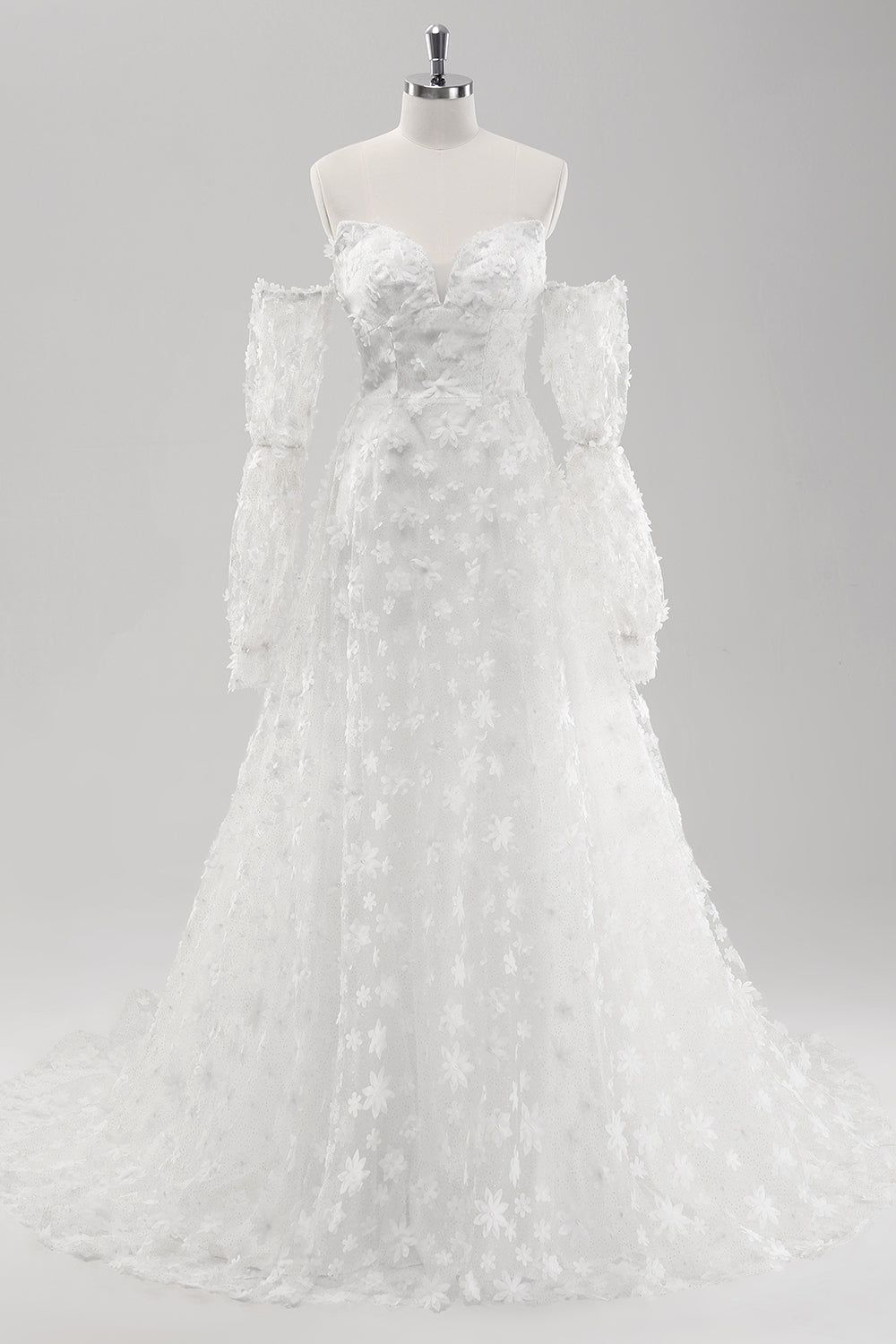 White A Line Strapless Applique Lace Wedding Dress with Detachable Sleeves