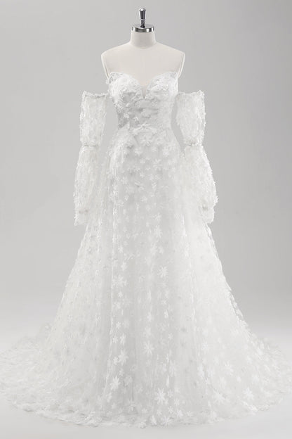 White A Line Strapless Applique Lace Wedding Dress with Detachable Sleeves