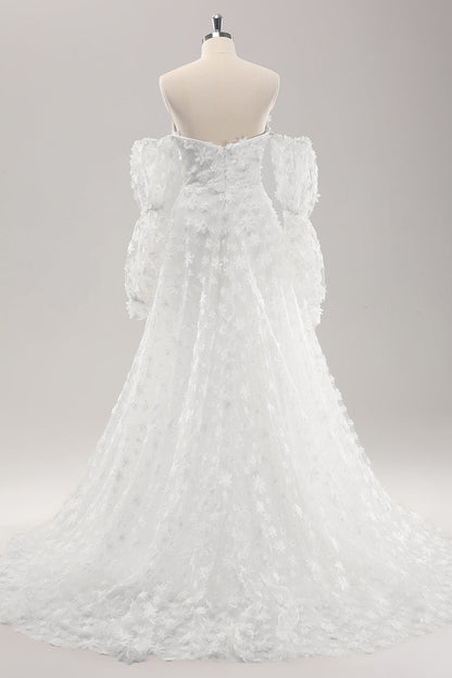 White A Line Strapless Applique Lace Wedding Dress with Detachable Sleeves