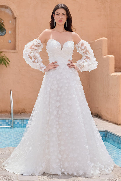White A Line Strapless Applique Lace Wedding Dress with Detachable Sleeves