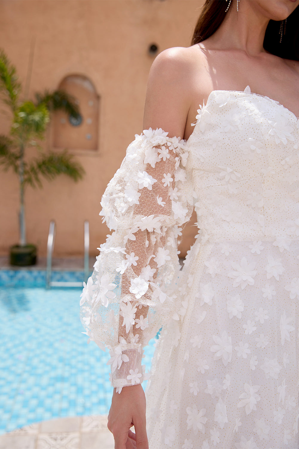 White A Line Strapless Applique Lace Wedding Dress with Detachable Sleeves