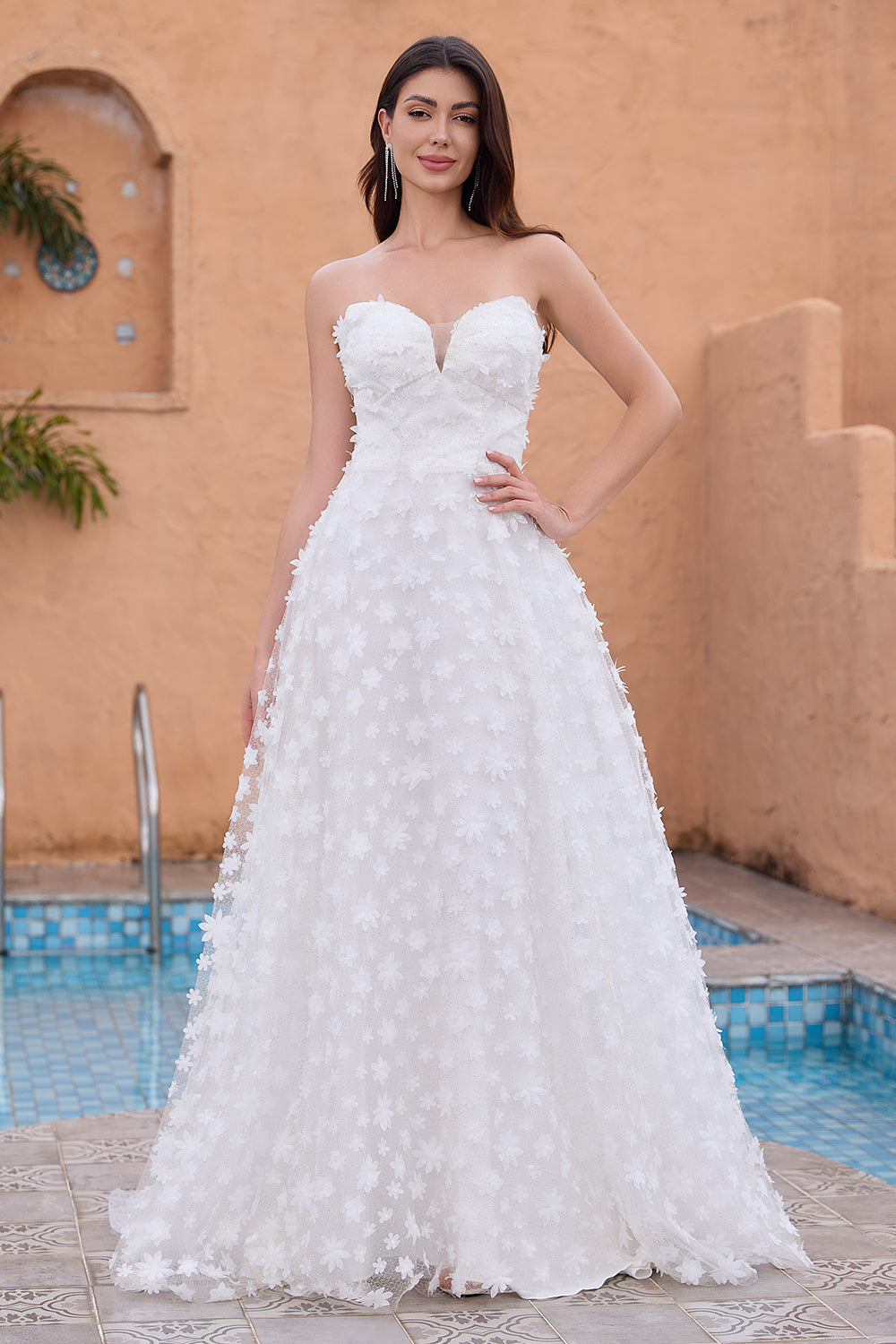 White A Line Strapless Applique Lace Wedding Dress with Detachable Sleeves