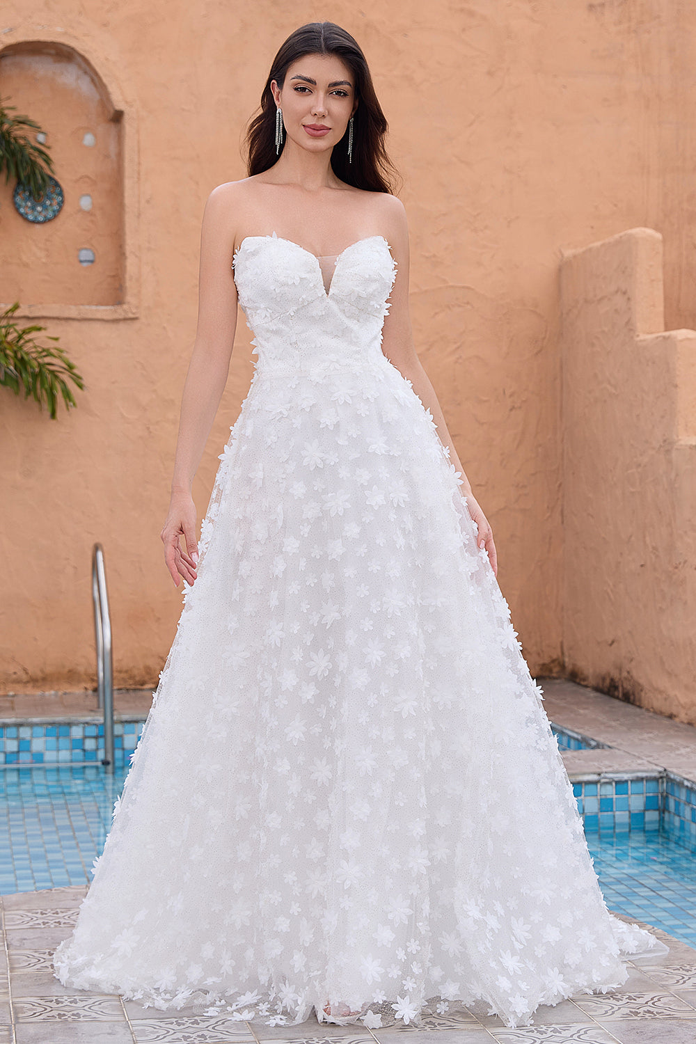 White A Line Strapless Applique Lace Wedding Dress with Detachable Sleeves