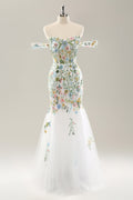 White Mermaid Off the Shoulder Flowers Corset Bridal Dress