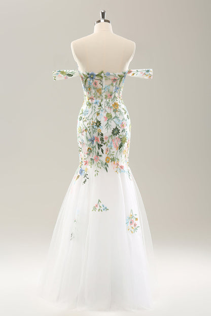 White Mermaid Off the Shoulder Flowers Corset Bridal Dress