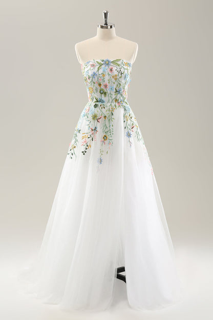 White A Line Strapless 3D Flowers Tulle Wedding Dress with Slit