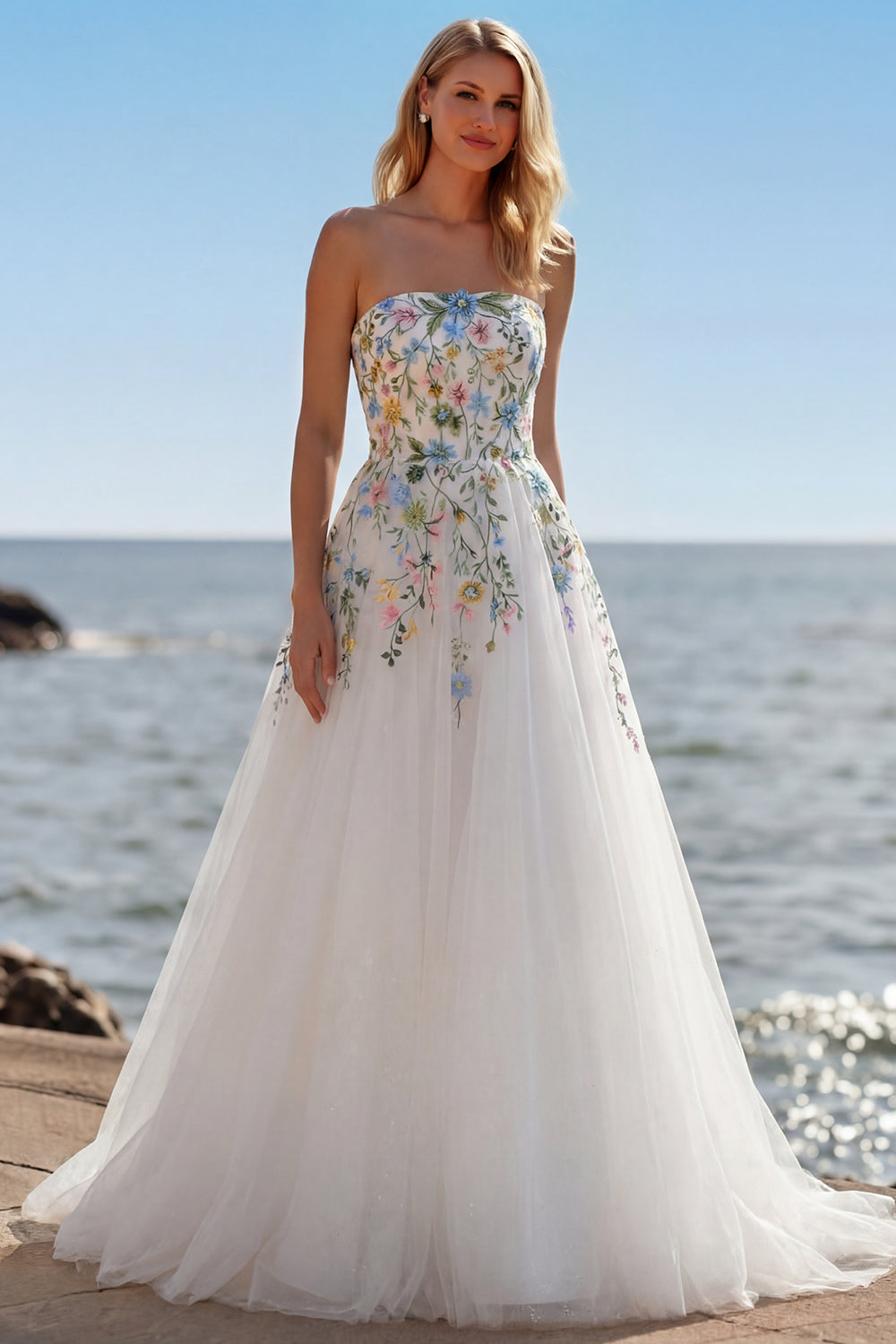 White A Line Strapless 3D Flowers Tulle Wedding Dress with Slit