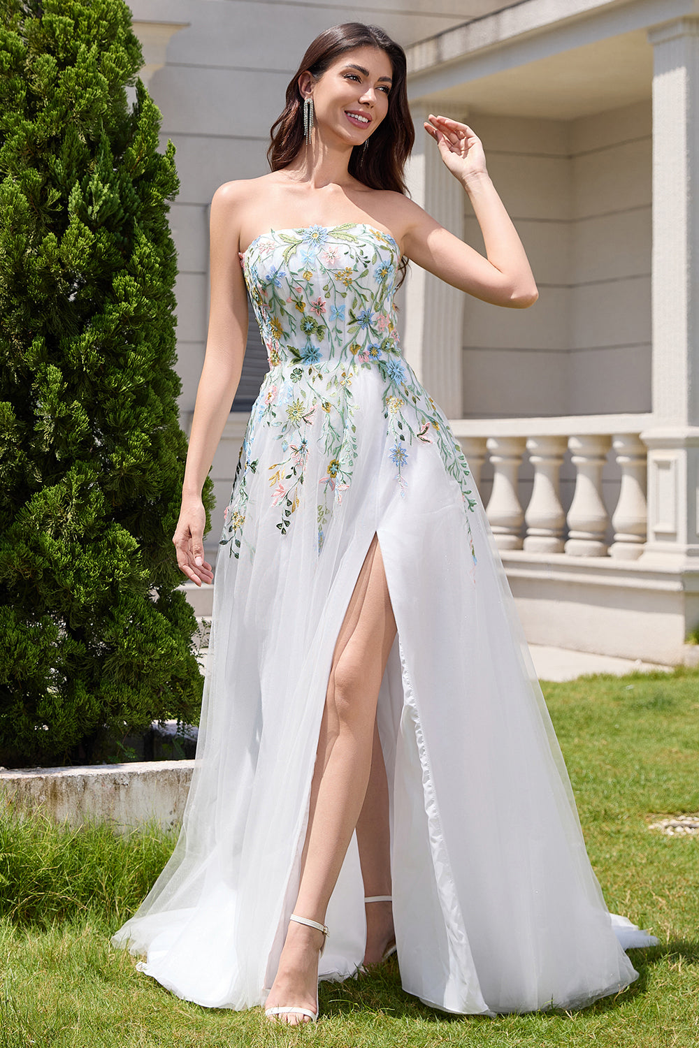 White A Line Strapless Tulle Slit Wedding Dress with 3D Flowers