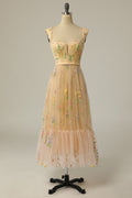 Green Embroidered A-line Midi Dress