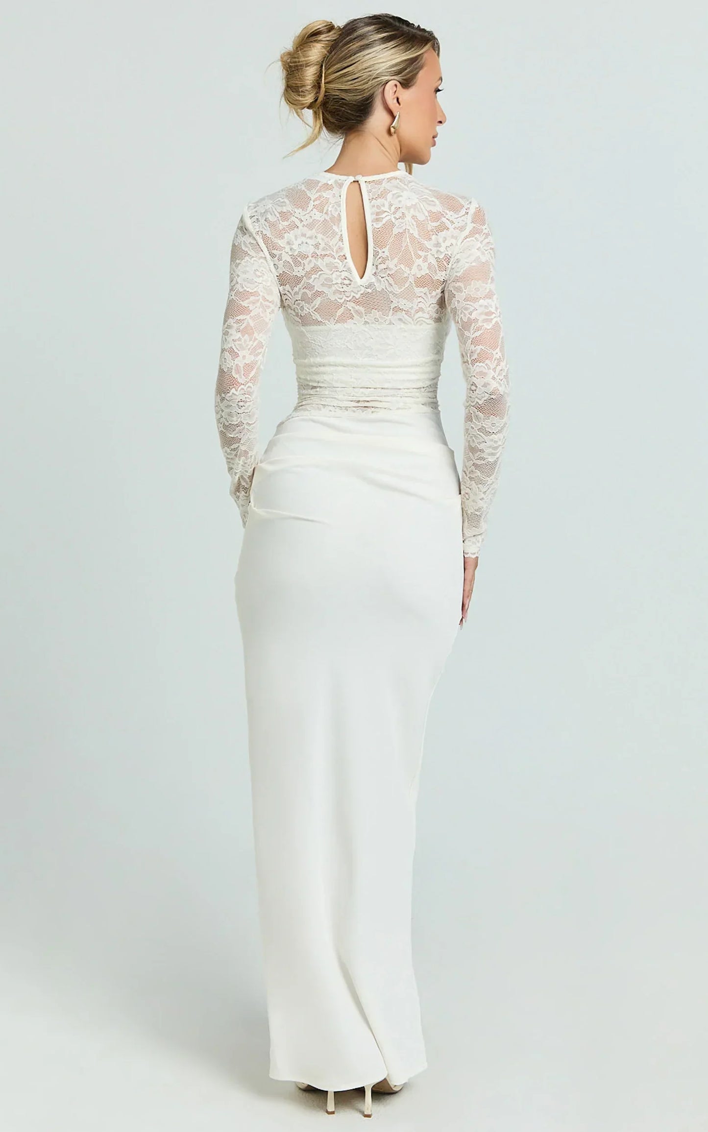 Crisanta Maxi Dress - Long Sleeve Contrast Lace Bodycon Dress in Ivory