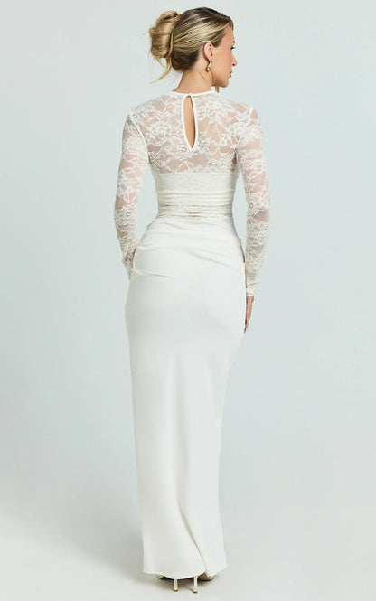 Crisanta Maxi Dress - Long Sleeve Contrast Lace Bodycon Dress in Ivory