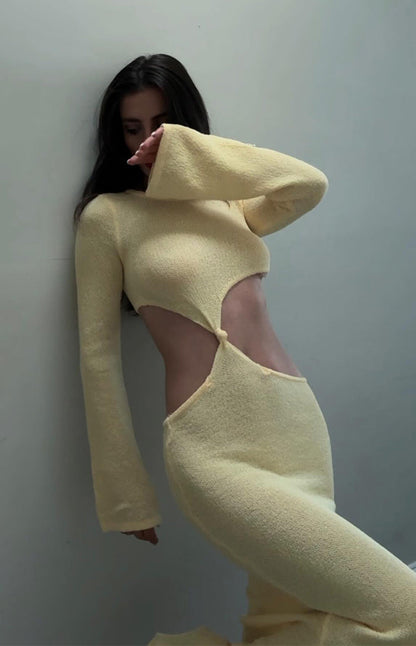 Arya Yellow Long Sleeve Knit Maxi Dress