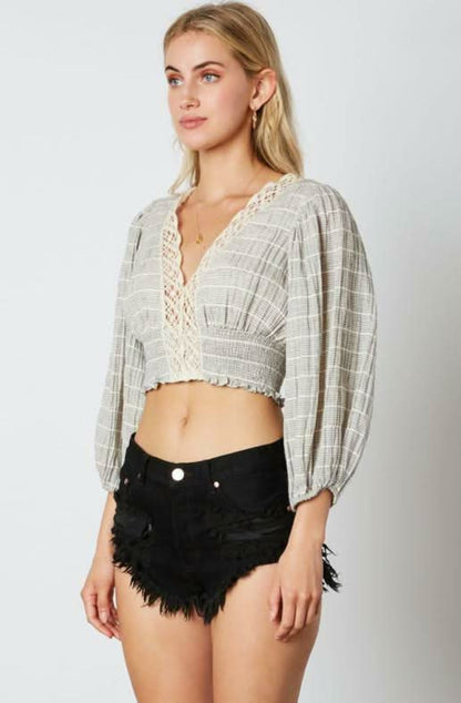 Lola Beige and Black Striped Lace Crop Top