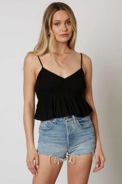 Gina Black Smocked V-Neck Ruffled Cropped Tank Top