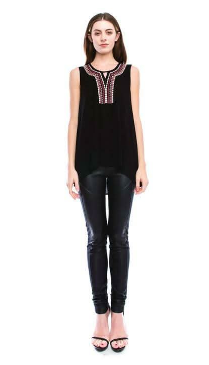 Petra Black Sleeveless Embroidered Neckline Top