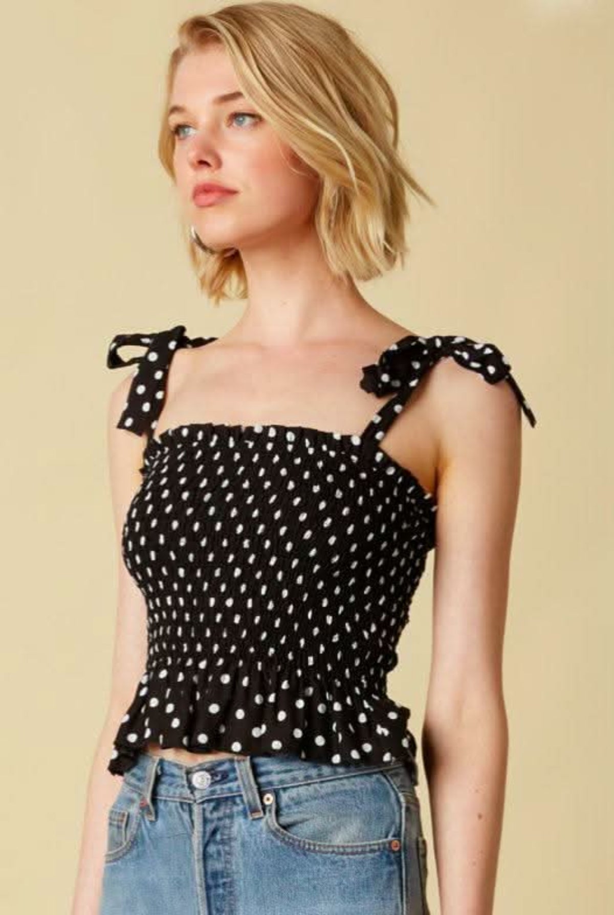 Olivia Black Polka Dot Smocked Top