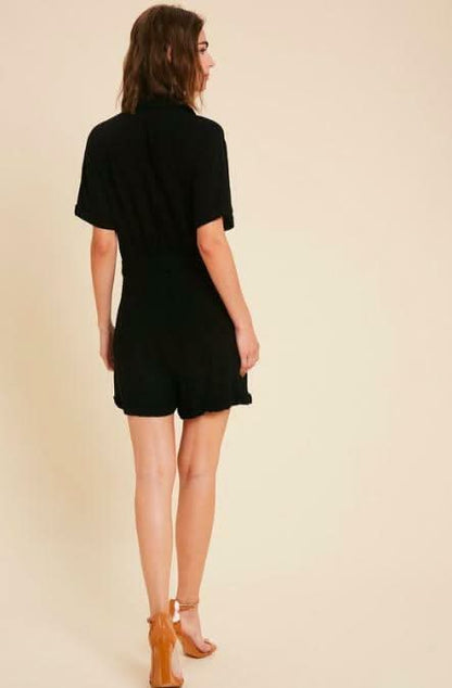 Liz Black Short Sleeve Button-Front Utility Romper
