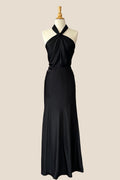 Halter Black Soft Satin Sheath Long Party Dress